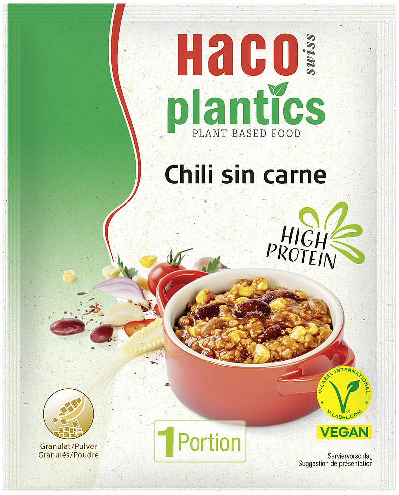 Plantics Chili sin carne - pflanzenbasierte Alternative für Fleisch mit hohem Proteingehalt.