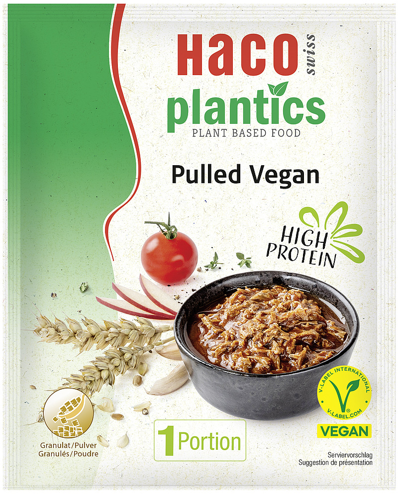 Plantics Pulled Vegan - pflanzenbasierte Alternative für Fleisch mit hohem Proteingehalt.