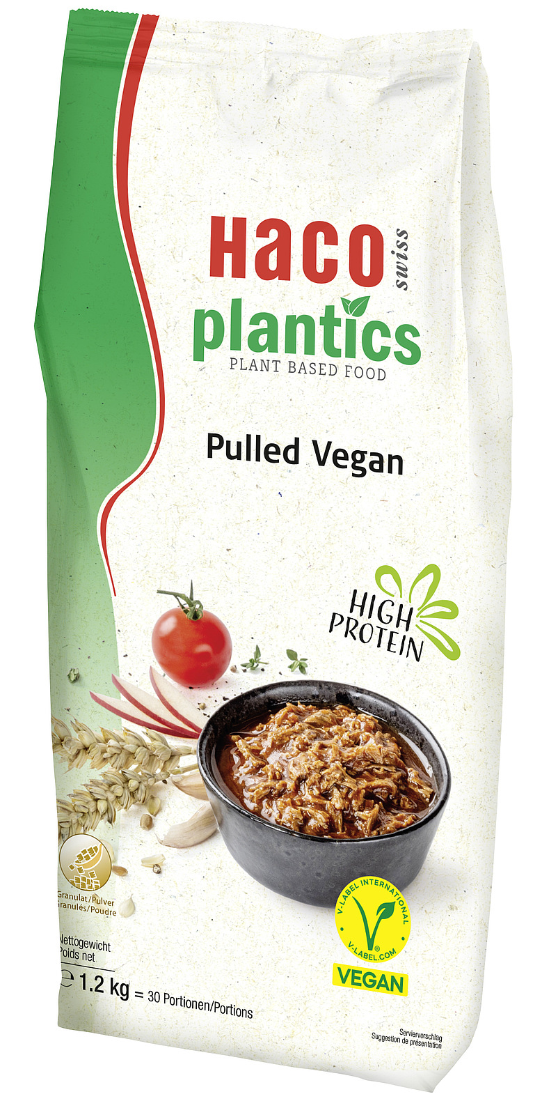 Plantics Pulled Vegan - pflanzenbasierte Alternative für Fleisch mit hohem Proteingehalt.